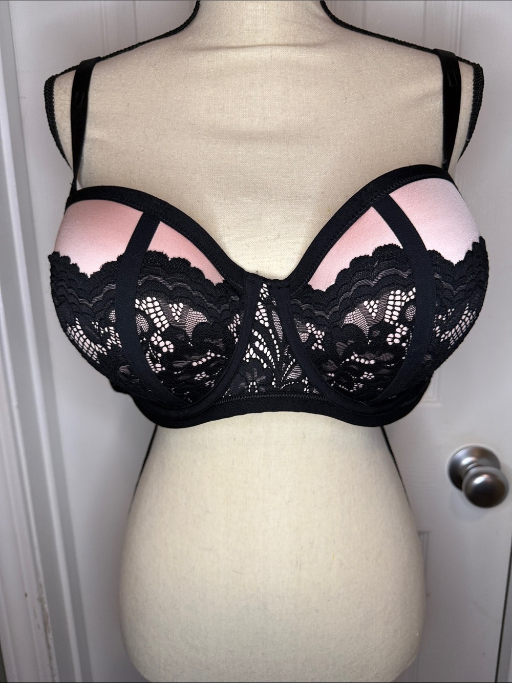Black Lace Balconette Bra with Pink Lining